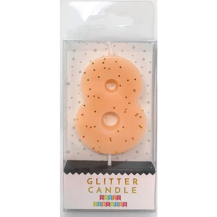 Pastel peach glitter number 8 candle for birthday celebrations from Parte Haus party supply store in Bethesda MD