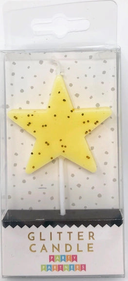 Yellow glitter star candle for birthday or celebration from Parte Haus party supply store in Bethesda Maryland