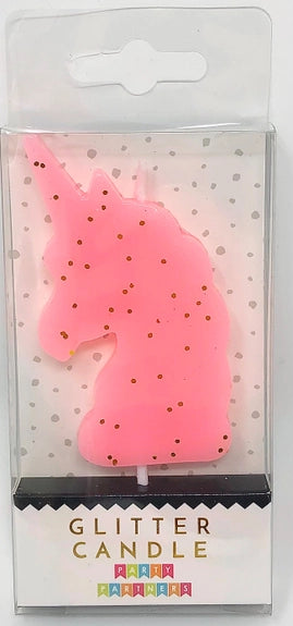 Pastel pink glitter unicorn candle for birthday unicorn theme from Parte Haus party supply store in Bethesda MD
