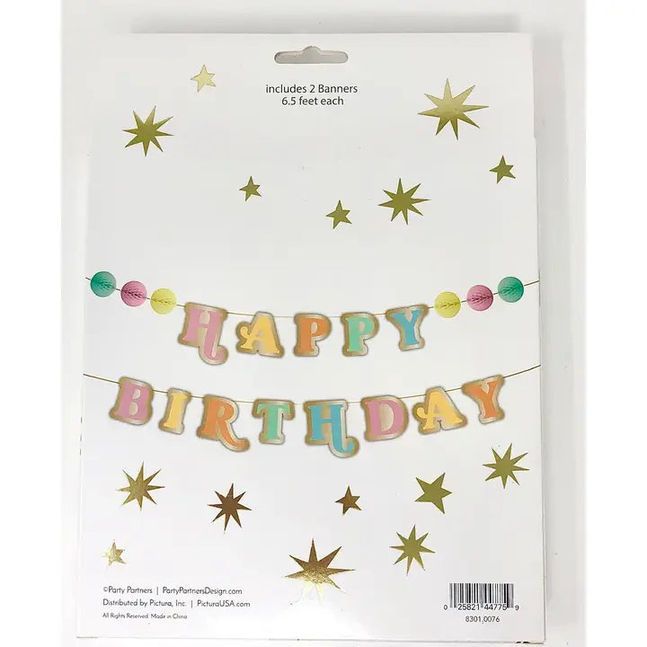 Pastel happy birthday banner with gold stars for birthday theme from Parte Haus party supply store in Bethesda MD