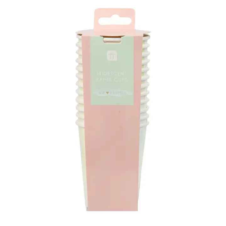 Pastel iridescent paper cups with pink sleeve for birthday or celebration from Parte Haus party supply store in Bethesda MD