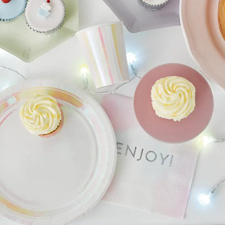 Pastel iridescent party cups with matching plates and cupcakes for birthday from Parte Haus party supply store in Bethesda MD