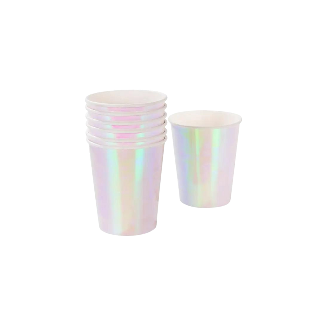 Pastel iridescent cups shiny finish for birthdays or celebrations from Parte Haus party supply store in Bethesda Maryland