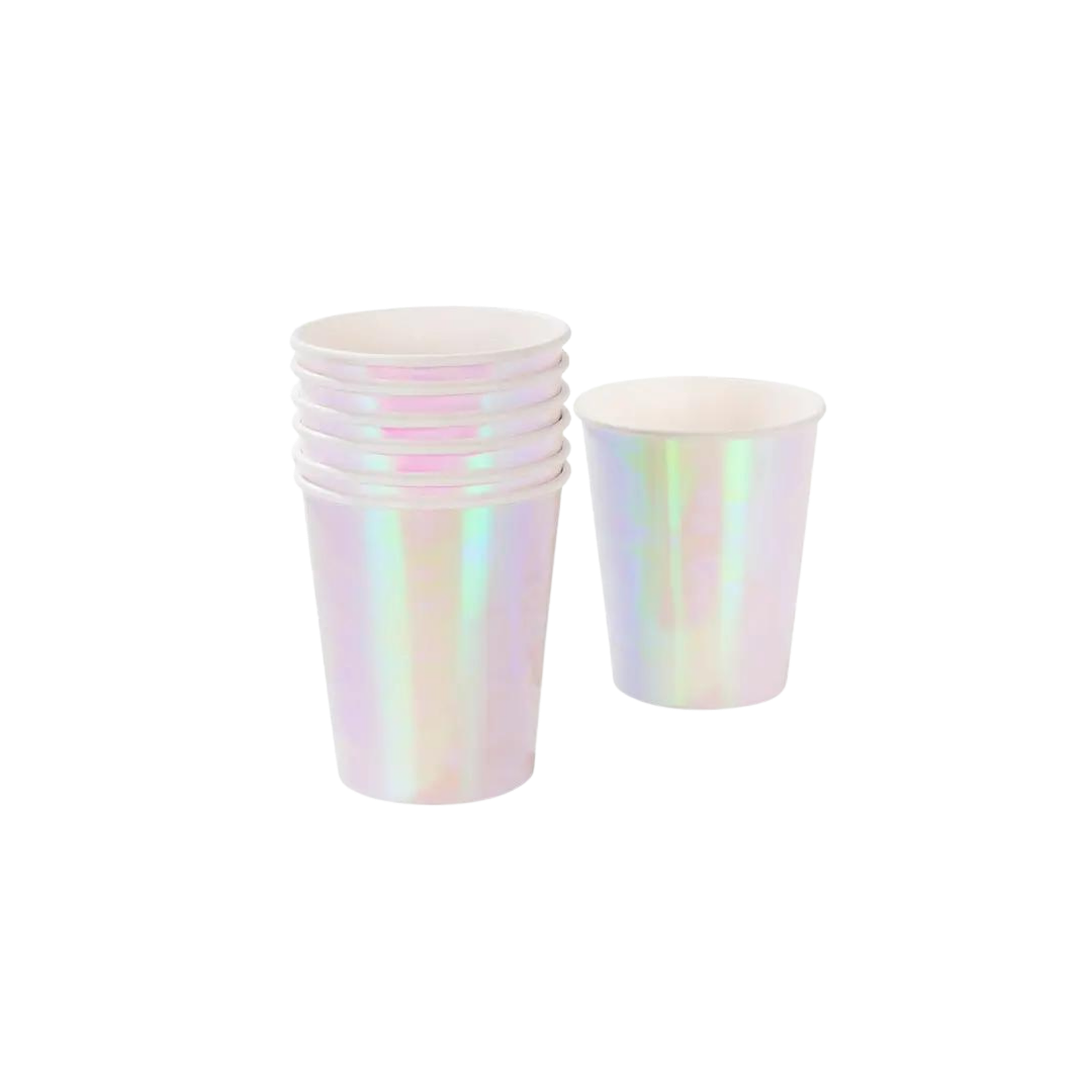 Pastel iridescent cups shiny finish for birthdays or celebrations from Parte Haus party supply store in Bethesda Maryland