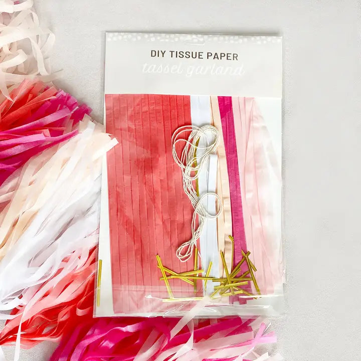 Pastel pink tassel garland kit with tissue paper DIY for birthday from Parte Haus party supply store in Bethesda MD