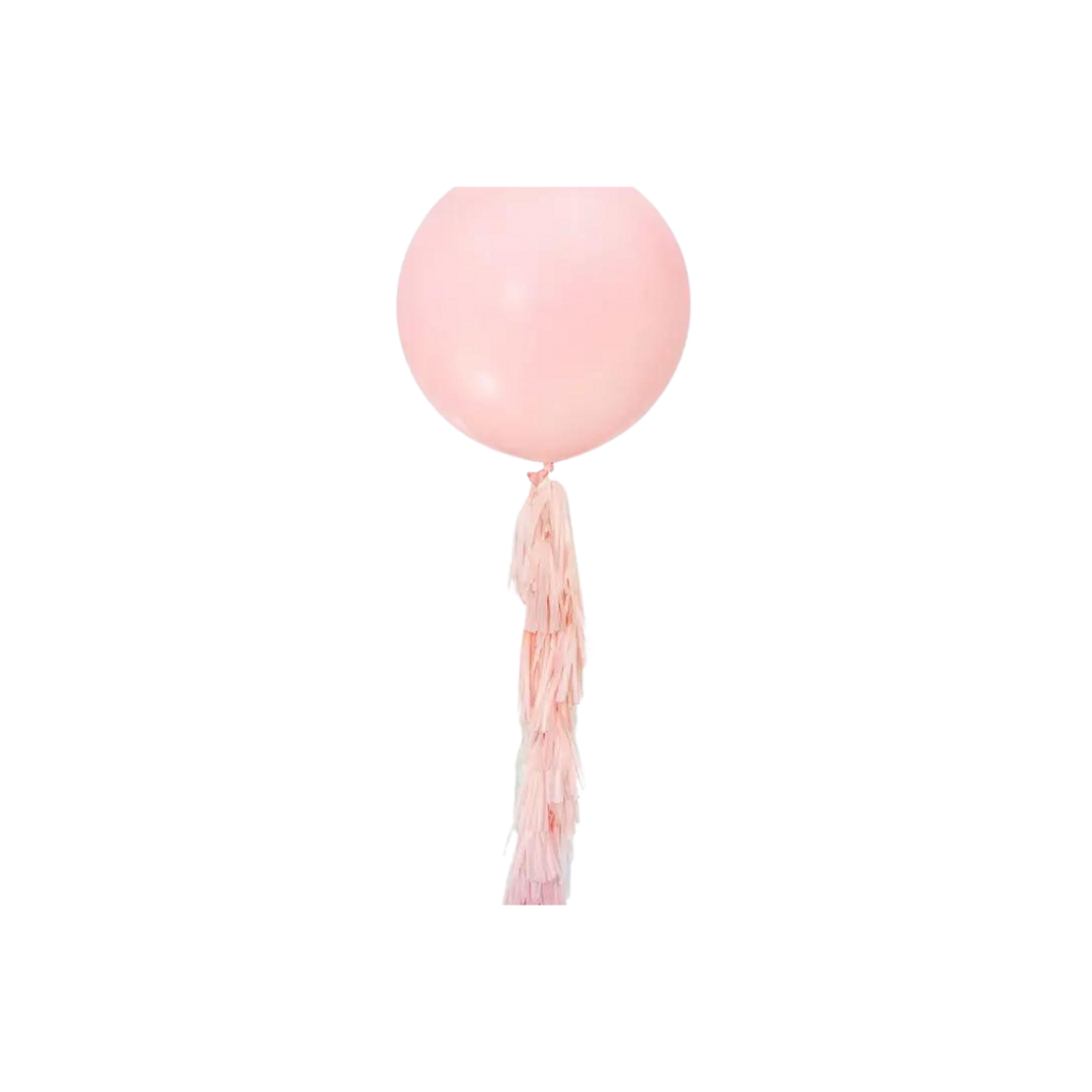 Pastel pink balloon with paper tassel tail for birthday decor from Parte Haus party supply store in Bethesda Maryland