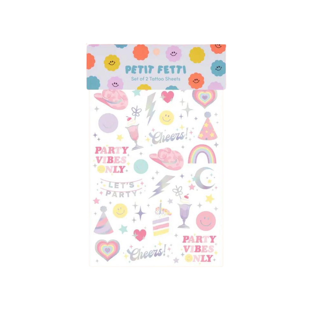 Pastel temporary tattoos with rainbows hearts and party icons celebration theme from Parte Haus party supply store in Bethesda Maryland