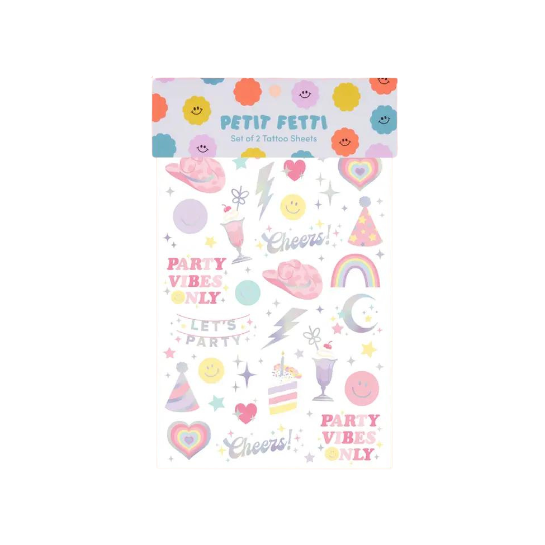 Pastel temporary tattoos with rainbows hearts and party icons celebration theme from Parte Haus party supply store in Bethesda Maryland
