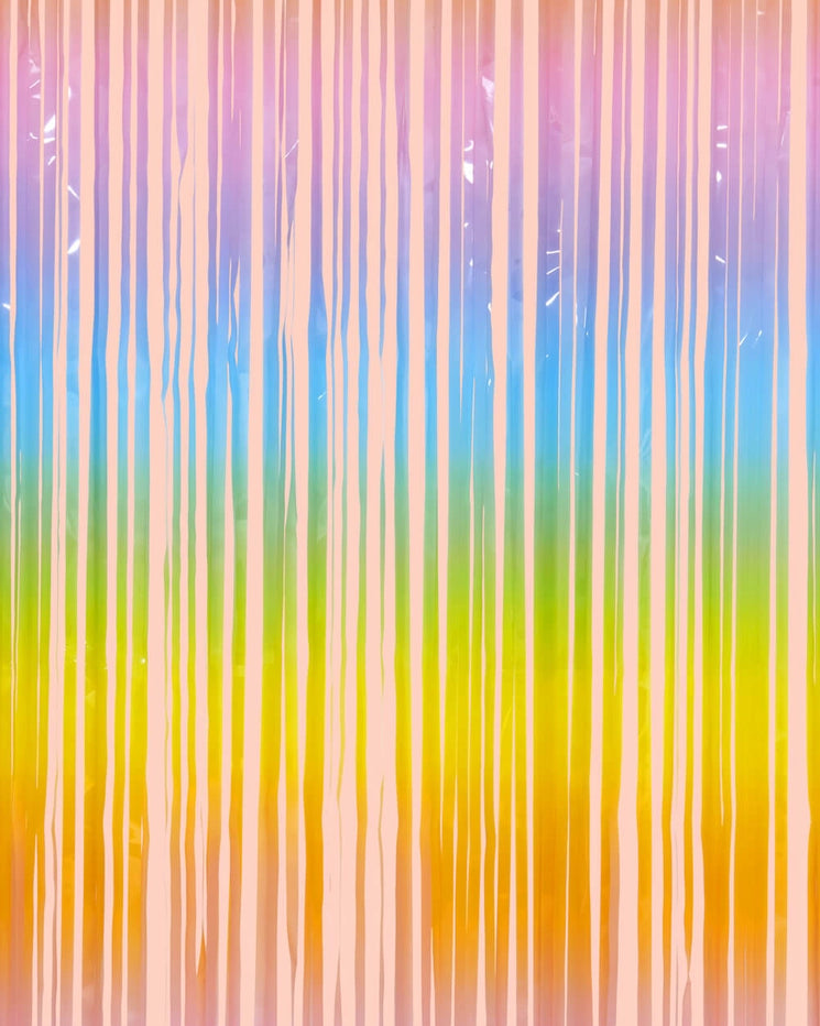 Pastel rainbow fringe curtain with vertical stripes birthday party decor from Parte Haus party supply store in Bethesda MD