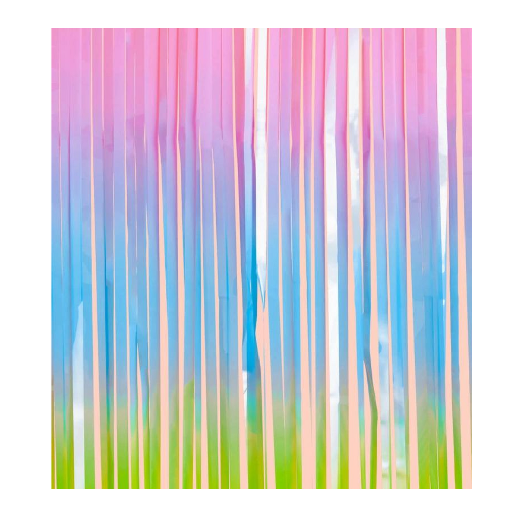 Pastel rainbow fringe curtain backdrop for birthday theme from Parte Haus party supply store in Bethesda Maryland