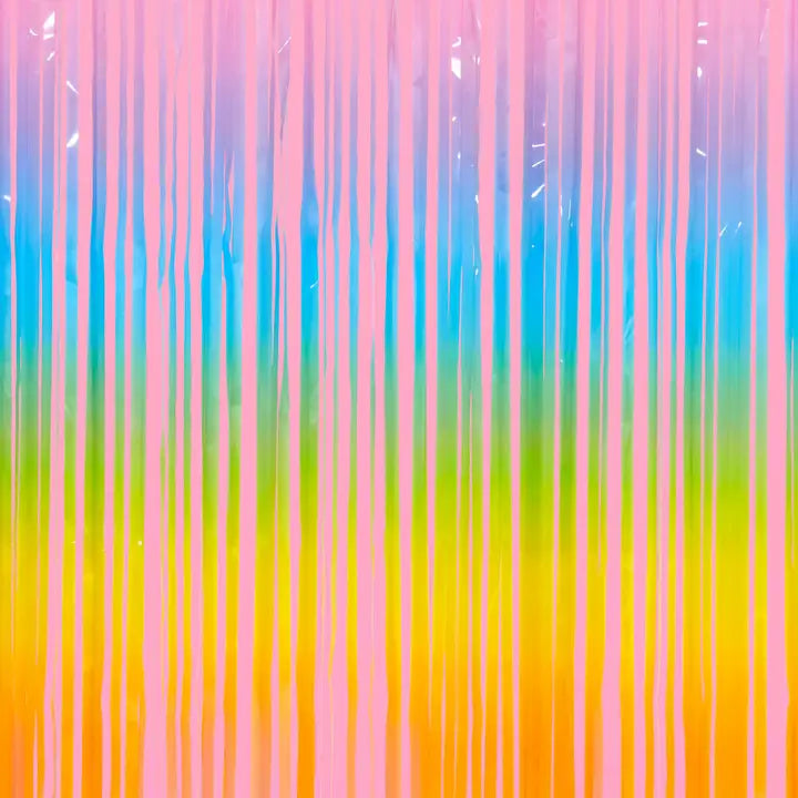 pastel rainbow curtain with vertical stripes birthday decor from Parte Haus party supply store in Bethesda Maryland