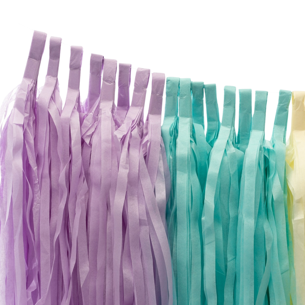 Pastel rainbow tassel garland with hanging paper streamers birthday decor from Parte Haus party supply store in Bethesda MD