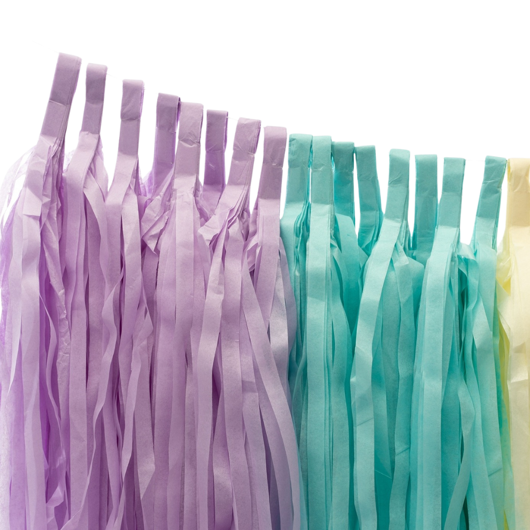 Pastel rainbow tassel garland with hanging paper streamers birthday decor from Parte Haus party supply store in Bethesda MD