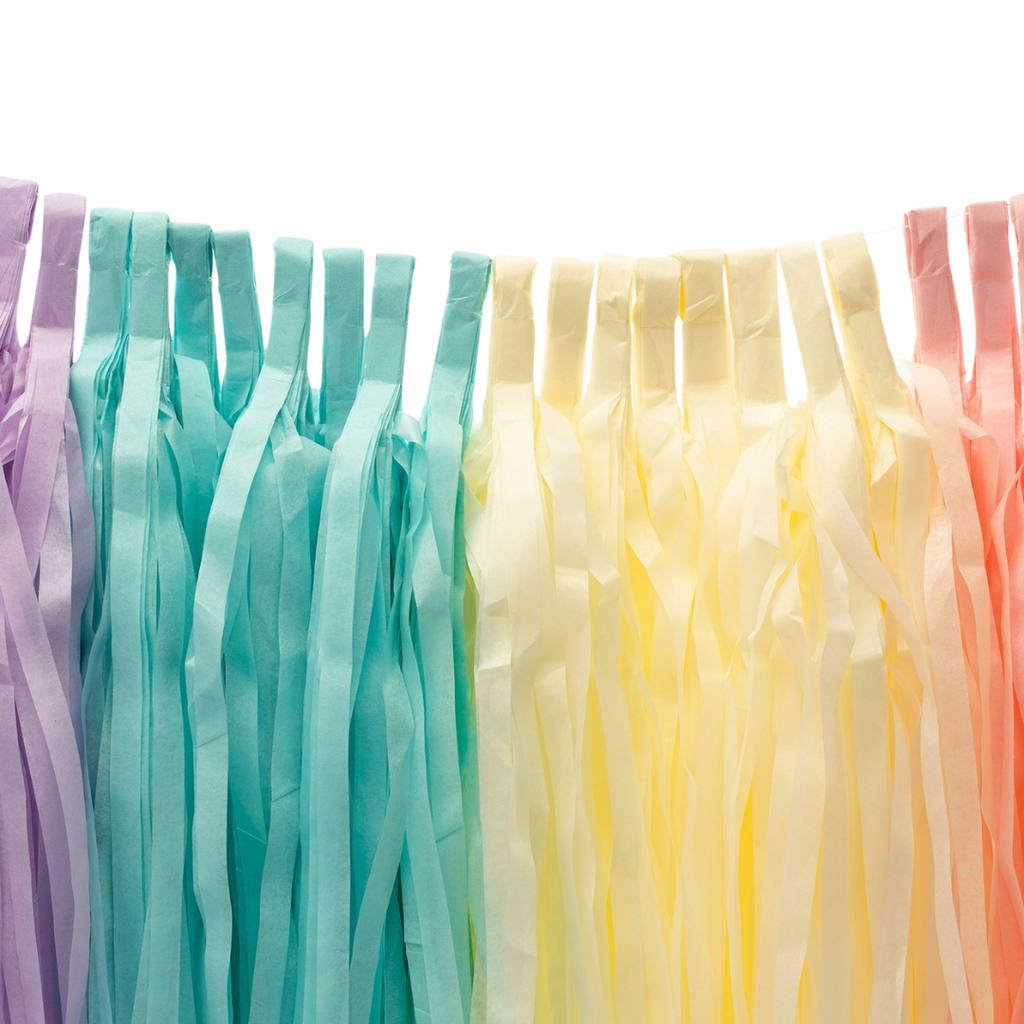 Pastel rainbow tassel garland with layered paper for birthday from Parte Haus party supply store in Bethesda Maryland