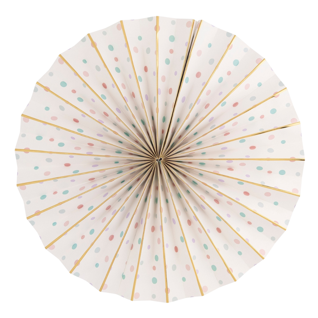 Pastel multicolor paper fan with gold accents under the sea birthday decor from Parte Haus party supply store in Bethesda MD
