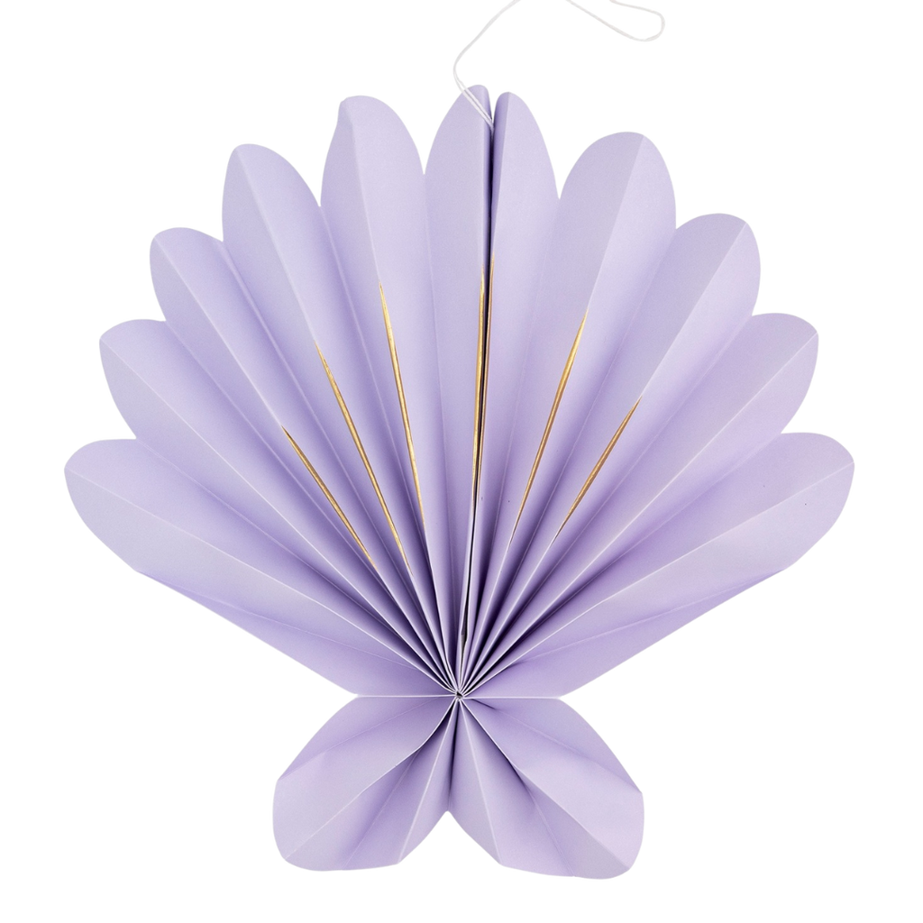 Pastel purple shell paper fan with gold accents for under the sea birthday party from Parte Haus party supply store in Bethesda MD