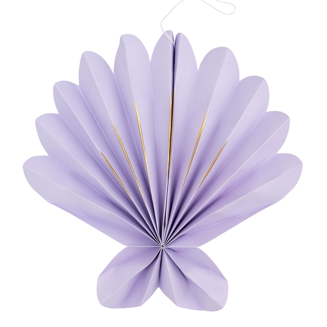 Pastel purple shell paper fan with gold accents for under the sea birthday party from Parte Haus party supply store in Bethesda MD