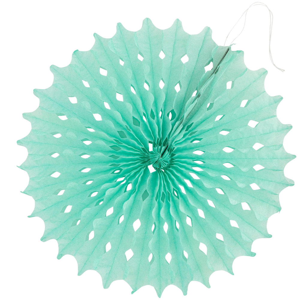 Pastel blue paper fan decoration round cutout design under the sea theme from Parte Haus party supply store in Bethesda MD