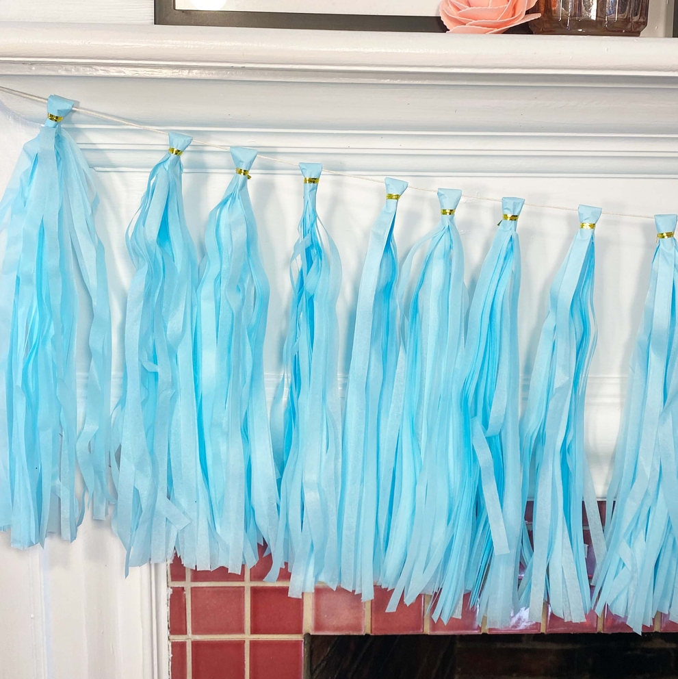 Pastel blue paper tassel garland hanging decor for birthday or baby shower from Parte Haus party supply store in Bethesda MD