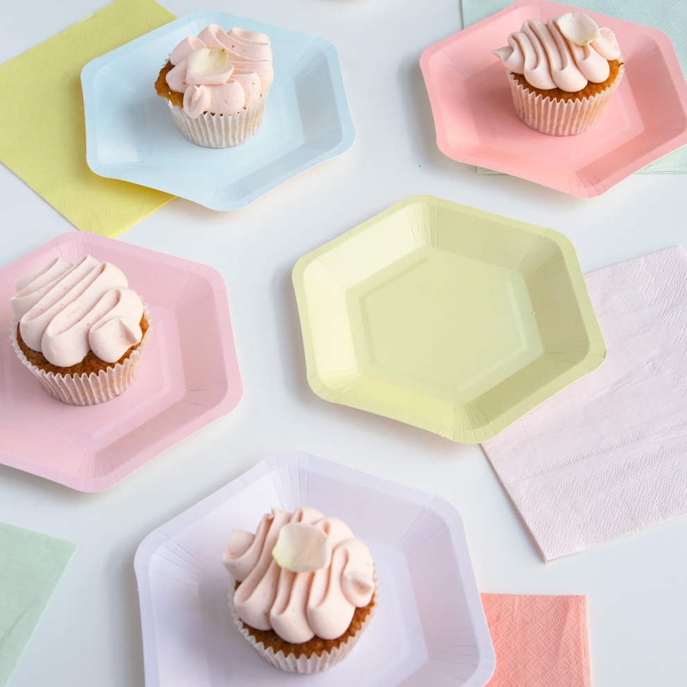 Pastel dinner napkins and matching pastel hexagon plates for birthday or baby shower from Parte Haus party supply store in Bethesda MD