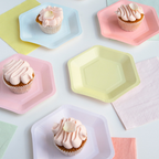 Pastel dinner napkins and matching pastel hexagon plates for birthday or baby shower from Parte Haus party supply store in Bethesda MD