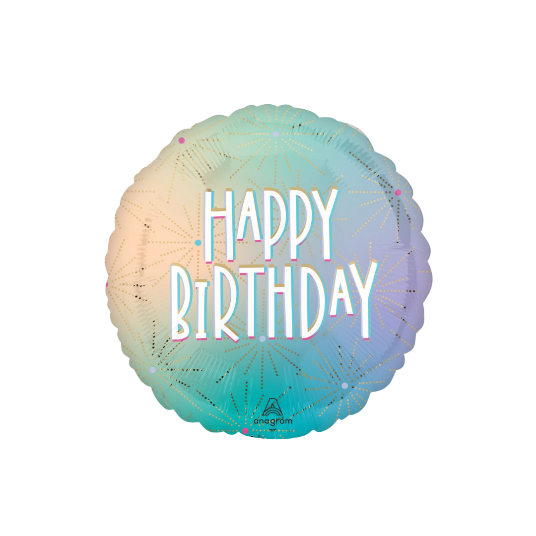 Pastel color round Happy Birthday balloon with starburst design birthday theme from Parte Haus party supply store in Bethesda MD