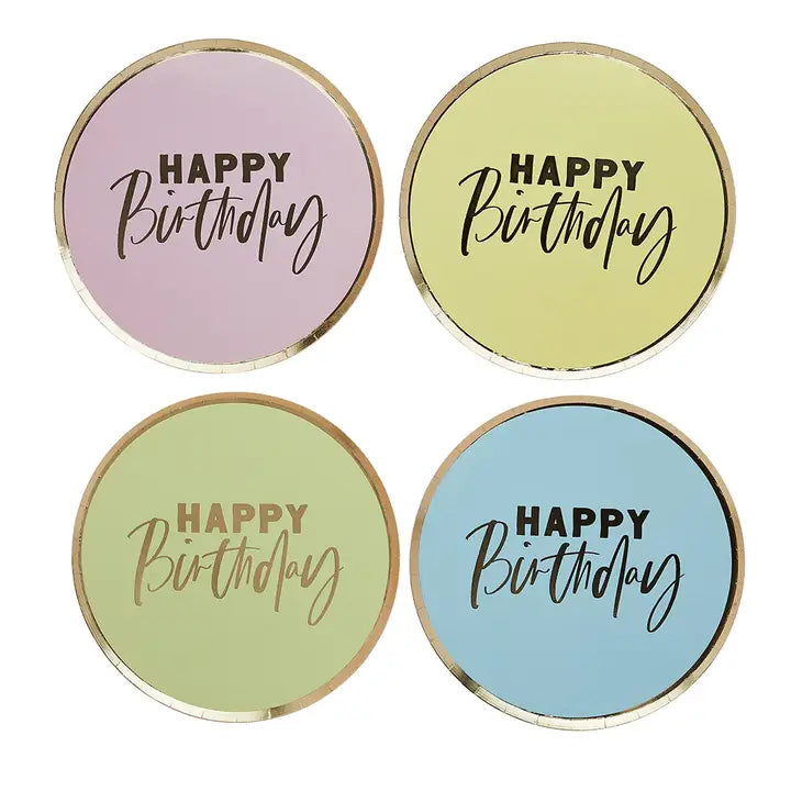 Pastel birthday paper plates with gold happy birthday text for birthday celebration from Parte Haus party supply store in Bethesda MD