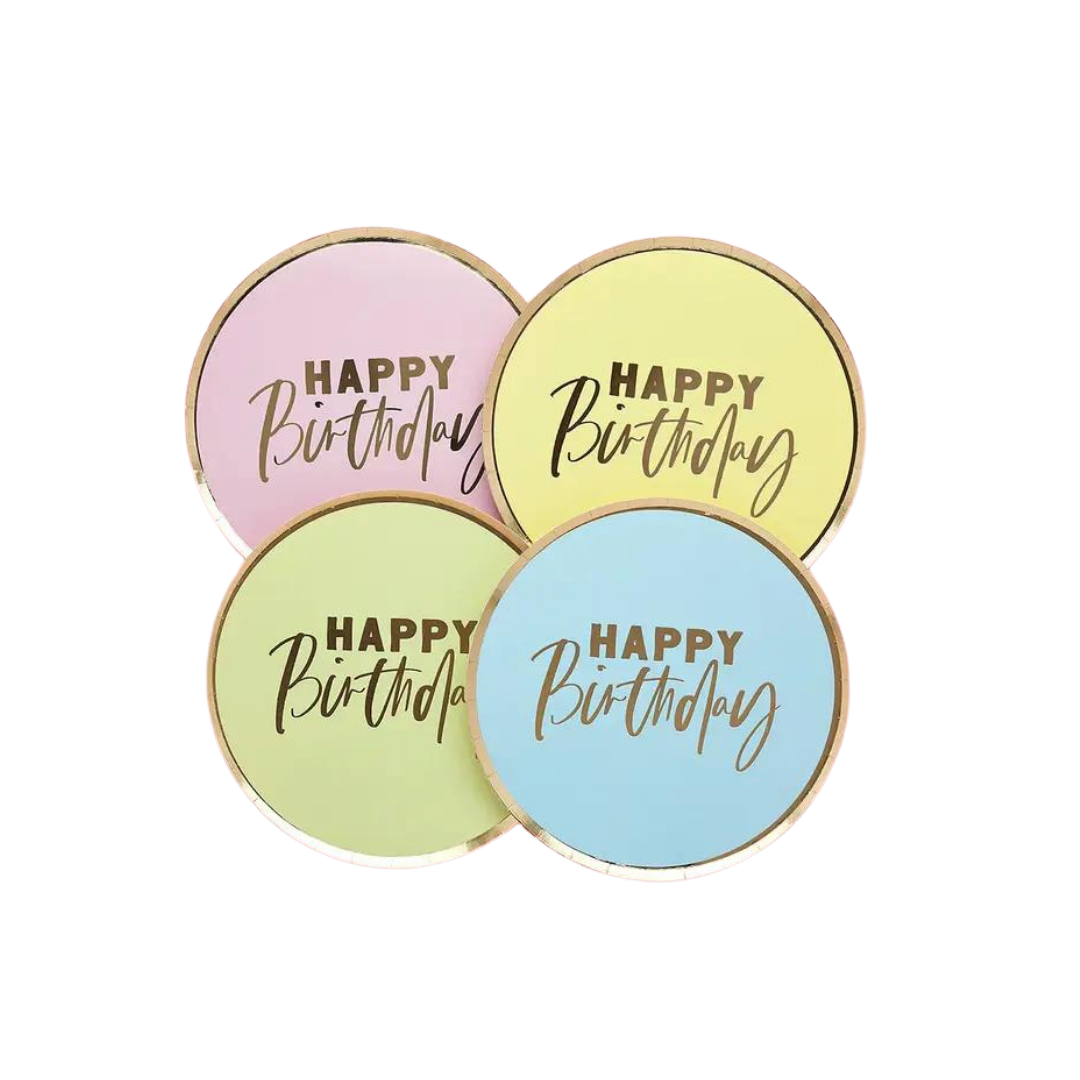 Pastel Happy Birthday paper plates with gold trim birthday design from Parte Haus party supply store in Bethesda MD