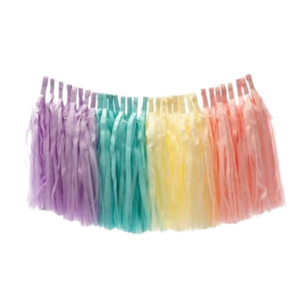 Pastel rainbow tassel garland with hanging fringe for birthday from Parte Haus party supply store in Bethesda Maryland