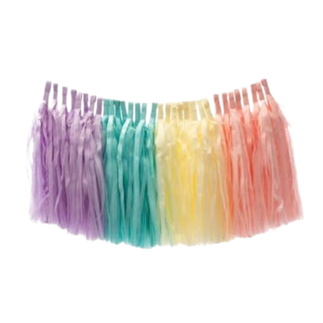 Pastel rainbow tassel garland with hanging fringe for birthday from Parte Haus party supply store in Bethesda Maryland