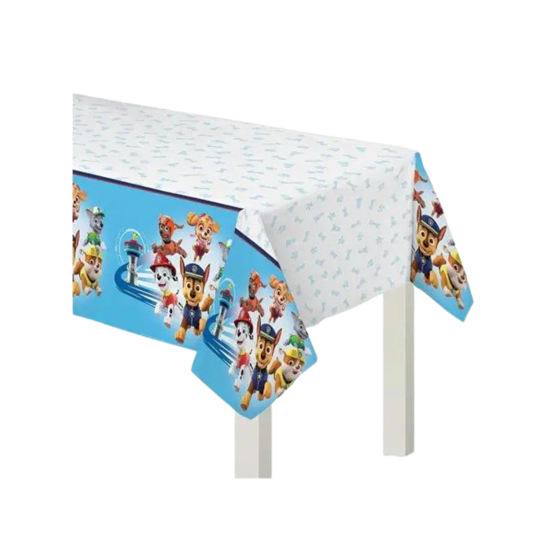 Blue Paw Patrol tablecover featuring cartoon puppy characters kids birthday from Parte Haus party supply store in Bethesda MD