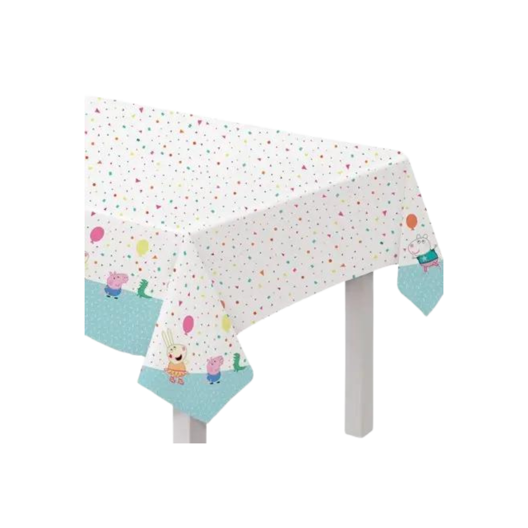 White Peppa Pig plastic table cover with confetti and cartoon characters birthday theme from Parte Haus party supply store in Bethesda MD