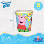 Colorful Peppa Pig paper cup with birthday hat design for kids birthday from Parte Haus party supply store in Bethesda MD