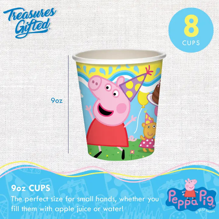 Colorful Peppa Pig paper cup with birthday hat design for kids birthday from Parte Haus party supply store in Bethesda MD