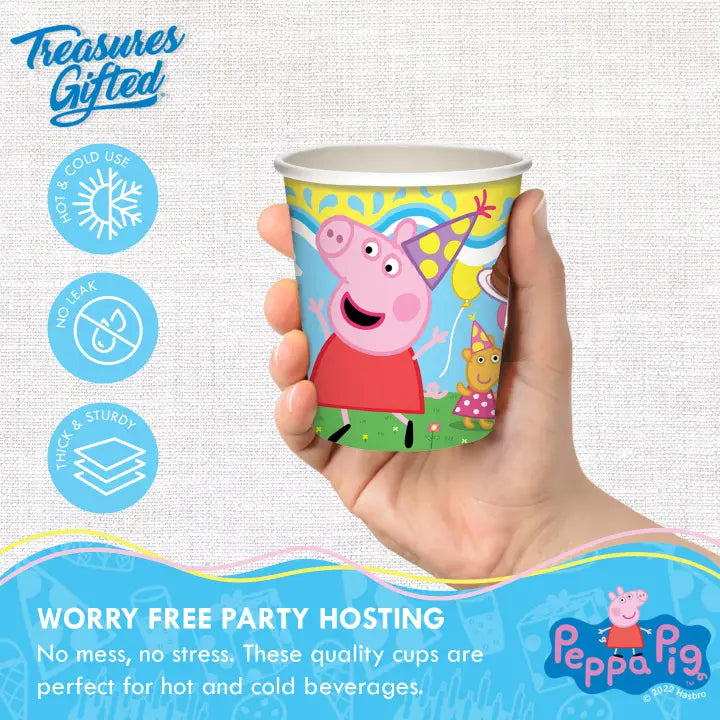 Colorful Peppa Pig paper cup with birthday theme from Parte Haus party supply store in Bethesda Maryland