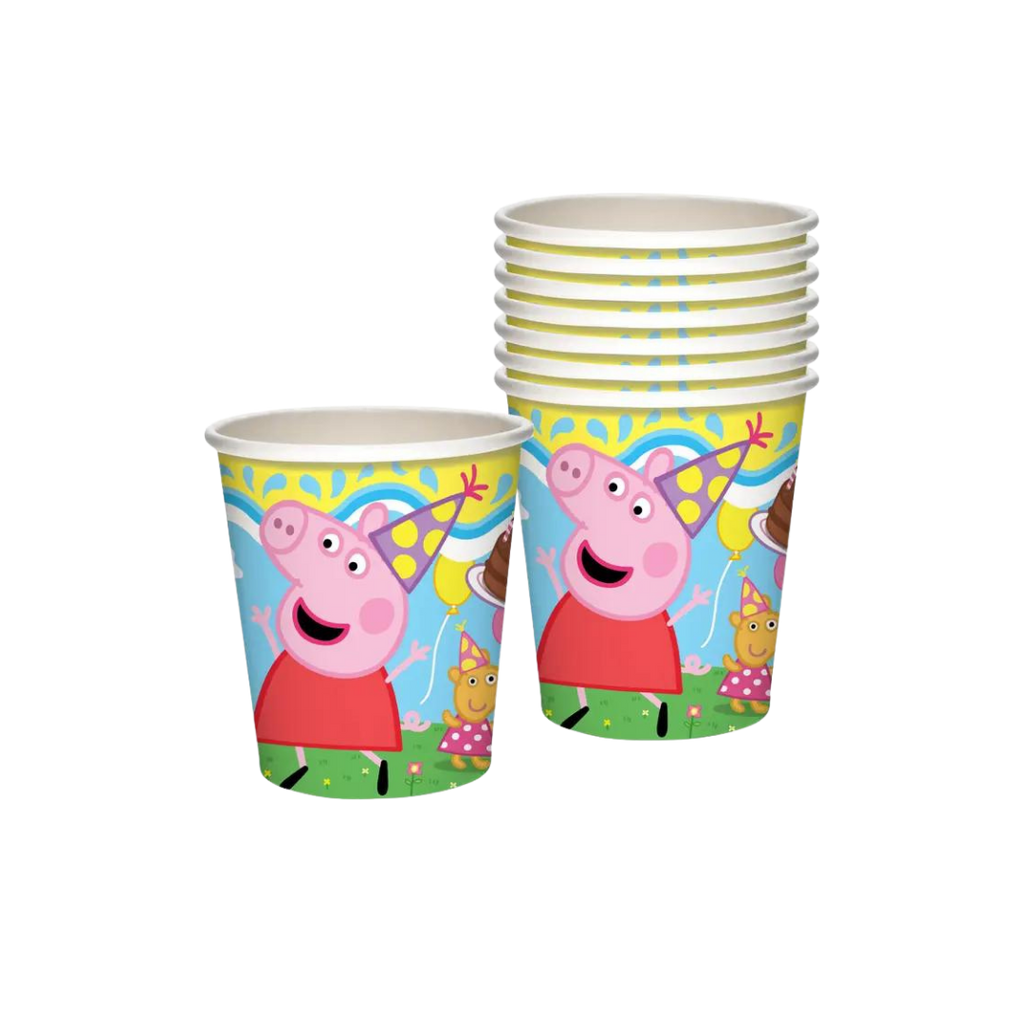 Colorful Peppa Pig paper cups with cartoon birthday design for kids birthday from Parte Haus party supply store in Bethesda MD