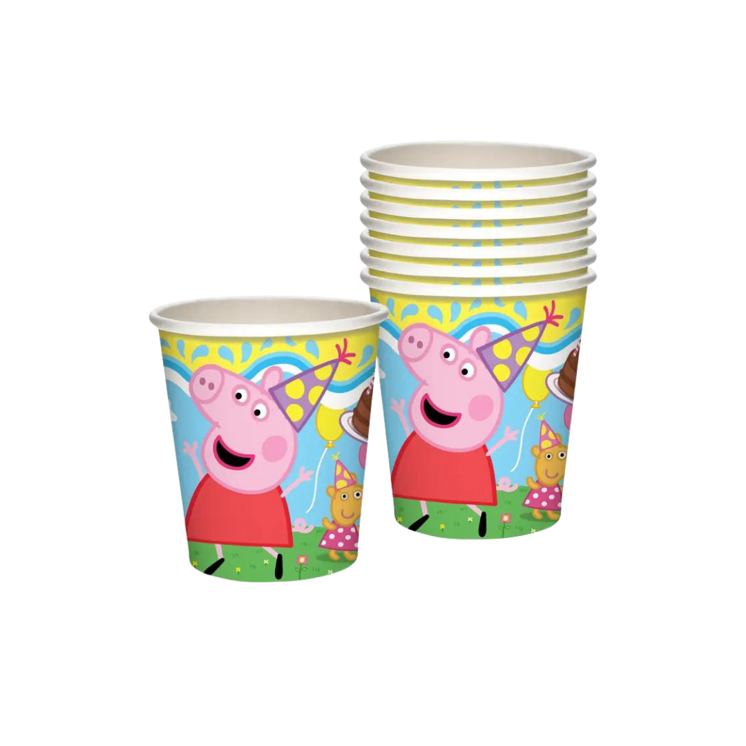Colorful Peppa Pig paper cups with cartoon birthday design for kids birthday from Parte Haus party supply store in Bethesda MD