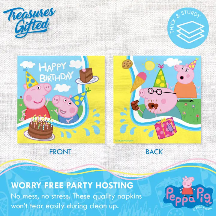 Yellow Peppa Pig napkins with birthday cake and party hats birthday theme from Parte Haus party supply store in Bethesda Maryland