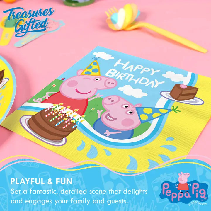 Blue yellow Peppa Pig napkin with birthday cake and cartoon characters birthday theme from Parte Haus party supply store in Bethesda MD