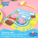 Blue yellow Peppa Pig napkin with birthday cake and cartoon characters birthday theme from Parte Haus party supply store in Bethesda MD