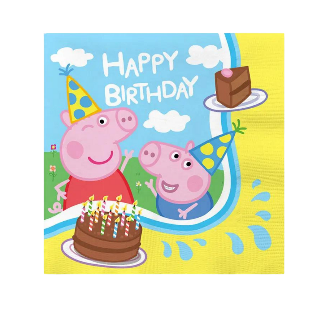 Yellow Peppa Pig birthday napkin with cakes and cartoon pig characters from Parte Haus party supply store in Bethesda MD