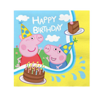 Yellow Peppa Pig birthday napkin with cakes and cartoon pig characters from Parte Haus party supply store in Bethesda MD