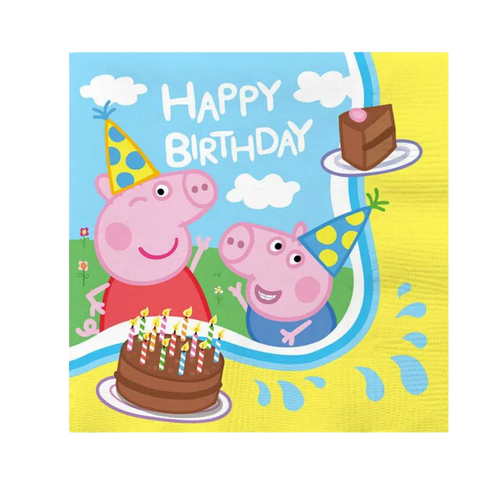 Yellow Peppa Pig birthday napkin with cakes and cartoon pig characters from Parte Haus party supply store in Bethesda MD