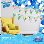 Colorful Peppa Pig pennant banner with cartoon characters birthday theme from Parte Haus party supply store in Bethesda MD