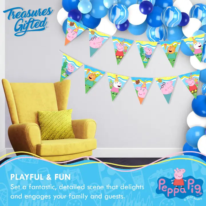 Colorful Peppa Pig pennant banner with cartoon characters birthday theme from Parte Haus party supply store in Bethesda MD