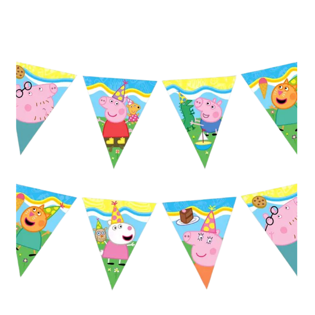 Colorful Peppa Pig pennant banner with cartoon characters for kids birthday from Parte Haus party supply store in Bethesda MD
