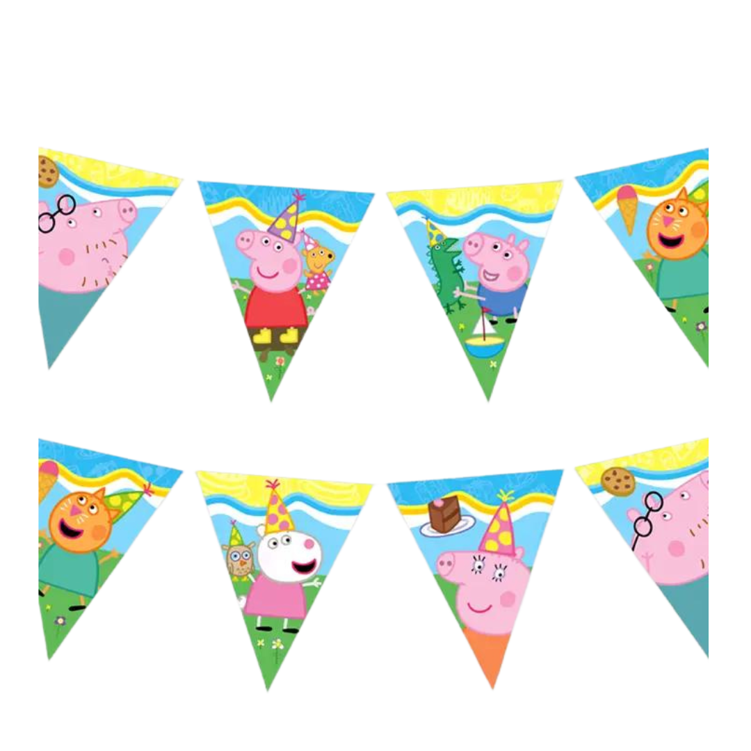 Colorful Peppa Pig pennant banner with cartoon characters for kids birthday from Parte Haus party supply store in Bethesda MD