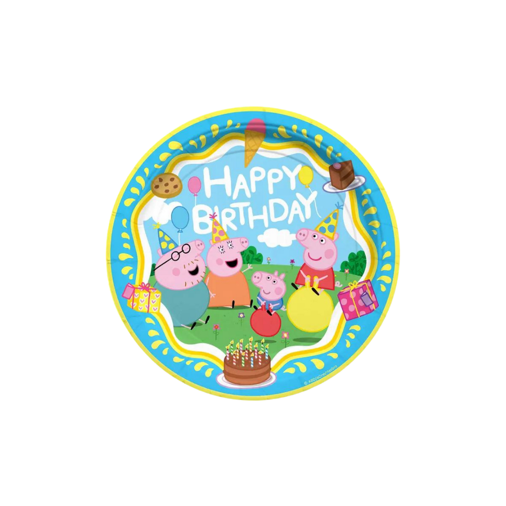 Blue Peppa Pig birthday plate with cartoon family and presents from Parte Haus party supply store in Bethesda MD