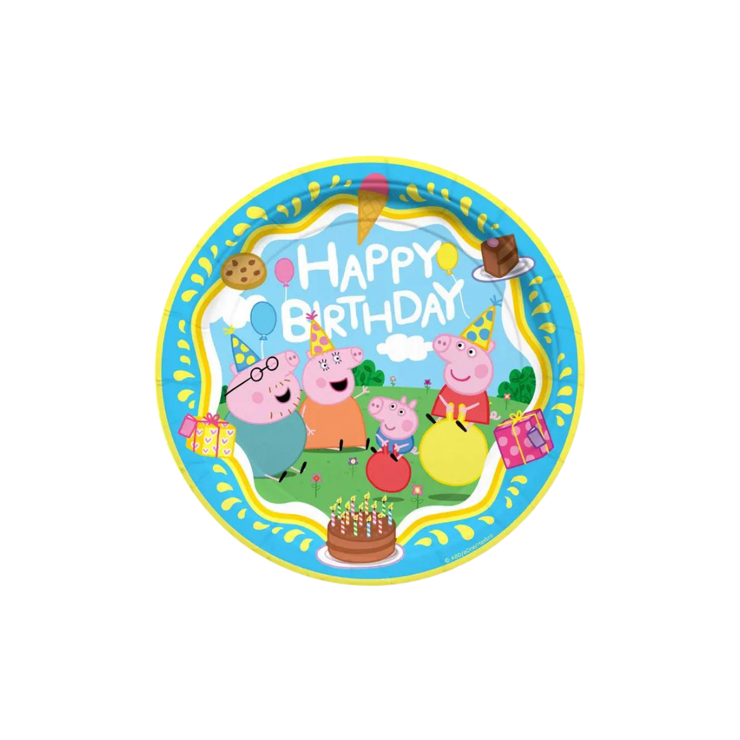 Blue Peppa Pig birthday plate with cartoon family and presents from Parte Haus party supply store in Bethesda MD