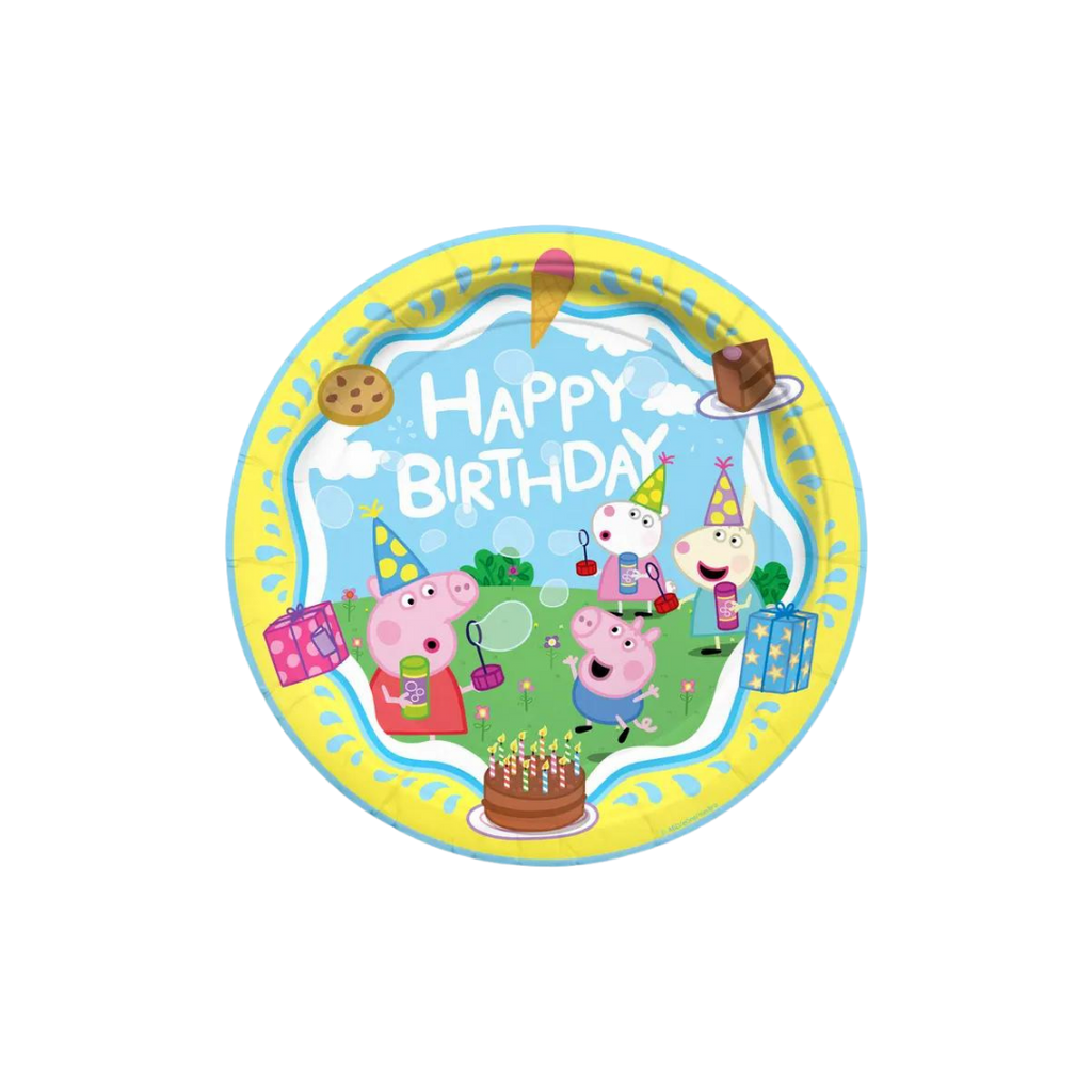 Blue and yellow Peppa Pig birthday plate with cartoon characters and cake from Parte Haus party supply store in Bethesda Maryland